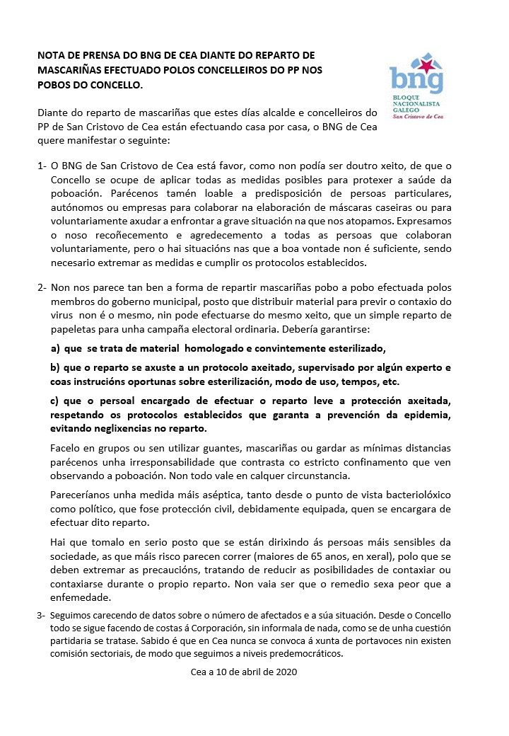 NOTA DE PRENSA DO BNG DE CEA DIANTE DO REPARTO DE MASCARIÑAS EFECTUADO POLOS CONCELLEIROS DO PP NOS POBOS DO CONCELLO
